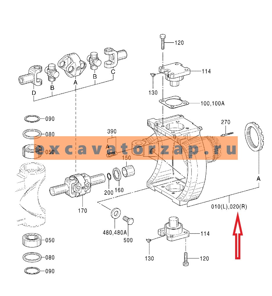 Кулак поворотный ZGAQ-02250 правый  переднего моста экскаватора Hyundai R170W7, R170W7A, R170W9S, R180W9S