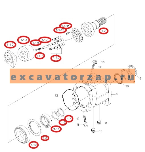 Группа роторная ZGAR-00266 (оригинал, HYUNDAI) (качающий узел + поршня + вал + шайба + подшипники) гидромотора КПП (хода) экскаватора HYUNDAI R140W7, R170W7